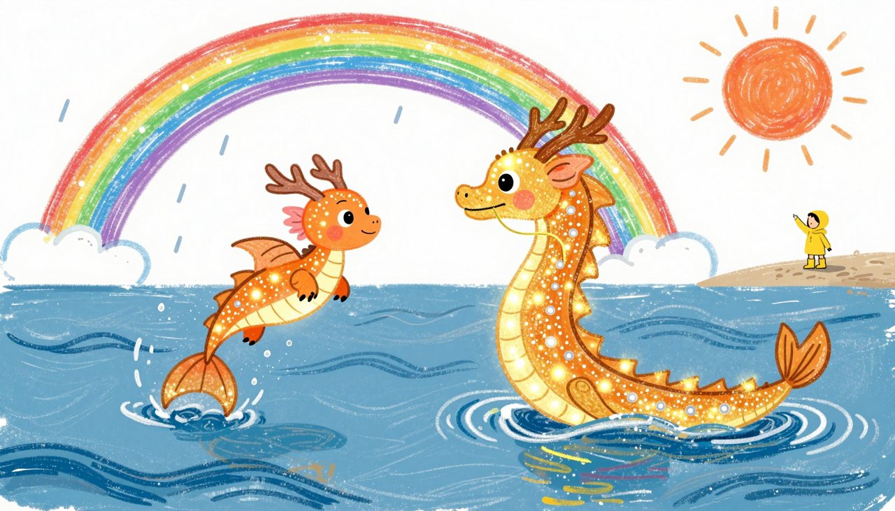 Un disegno a pastello dalla favola Cilla e il salto dell'arcobaleno